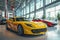 Premium red and yellow sports cars in modern dealership showroom with huge windows