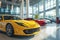 Premium red and yellow sports cars in modern dealership showroom with huge windows