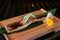 Premium Unagi sushi on wood plate, whole large piece Japanese Un