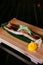 Premium Unagi sushi on wood plate, whole large piece Japanese Un