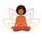 Prenatal yoga. Vector illustration of young cute african girl meditating in lotus position with flower petals in pink and orange g