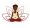 Prenatal yoga. Vector illustration of young cute African girl meditating in lotus position with flower petals in red and orange gr