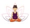 Prenatal yoga. Vector illustration of young cute asian girl meditating in lotus position with flower petals in violet and pink gra