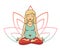 Prenatal yoga. Vector illustration of young cute blonde girl meditating in lotus position with flower petals in pink and blue grad