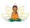 Prenatal yoga. Vector illustration of young cute Indian girl meditating in lotus position with flower petals in green and yellow g