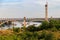 Preobrazhensky bridge over the Dnieper River to Khortytsia island in Zaporizhia, Ukraine