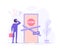 Preoccupied business man is standing near the closed door and scratching his head. Metaphor of issues and questions. Modern vector