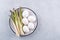 Preparation of asparagus and eggs. Simple products for a healthy breakfast. Space for text