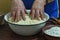 Preparation, bakery,flour, dough, elderly woman, close up, copy space