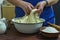 Preparation, bakery,flour, dough, elderly woman, close up, copy space