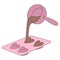 Preparation of chocolates. Cartoon style. Pouring chocolate into silicone heart-molds. Vector illustration