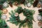 Preparation for Christmas holiday. Christmas composition of wreath, decor, dry orange, twigs and snowflakes. Woman prepare a wreat