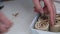 Preparation of cinnabons. A woman cuts a cinnamon dough roll. Puts in a baking dish. The camera moves on a slider. Close-up