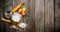 Preparation of the dough. Ingredients for the dough - flour, eggs, salt and butter.