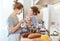 Preparation of family breakfast. mother and child daughter cook