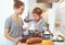 Preparation of family breakfast. mother and child daughter cook