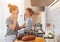 Preparation of family breakfast. mother and child daughter cook