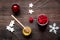 Preparation of festive treats top view on wooden background