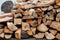 Preparation of firewood for the winter. Stacks of firewood. Pile of firewood