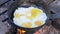 Preparation of Fried Eggs in a Frying Pan on the Bonfire in Forest. 4K