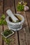 Preparation of green sauce from herbs in mortar with pestle