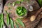 Preparation of a homemade herbal syrup against coughing from fresh ribwort plantain leaves and sugar