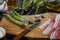 Preparation of italian simple dish, asparagus and pancetta