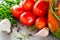 Preparation marinated conservation tomatoes with herbs, garlic, salt, and spice