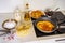 Preparation of salted potato pancake with plum jam traditional Czech republic meal