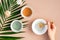 Preparation SPA face masks at home concept. Homemade facial clay masks on peach color background with tropical palm leaf. Top view
