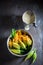 Preparation for tasty roasted zucchini flower made of pancake batter