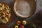 Preparation, Thanksgiving Day celebration. Concept. Top view of a pan with pie dough, a board with a slide of apples and pumpkins