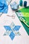 Prepare of diamond pieces of fabric for sewing quilt, top view