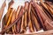 Prepared and smoked eels closeup in local European fish market