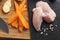 Preparing asian food cooking ingredients chicken and vegetables