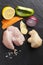 Preparing asian food cooking ingredients chicken and vegetables