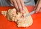 Preparing and de veining foie gras on a red cutting board. red board for meat produce.