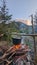 Preparing food on the fire, hiking, the Carpathian mountains, Ukraine, Gorgany.