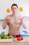 Preparing food throwing fruits oranges young man healthy meal ea