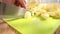 Preparing fresh vegetables. Cutting potatoes on a cutting board. Healthy food