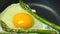 Preparing fried egg with fresh asparagus on frying pan