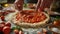 Preparing Handmade Pizza with Tomato Sauce and Basil. Hands delicately spooning tomato sauce onto homemade pizza dough, garnished