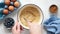 Preparing pancake batter in a bowl