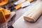 Preparing pie with pumpkins on wooden table