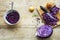 Preparing red cabbage on rustic wood, cooking for a festive dinner, view from above