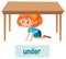 Preposition of place with cartoon girl and a table