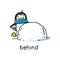 Prepositions. Penguin stand behind the snowball