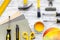 Preraring for home repair. Tools on grey wooden desk background top view copyspace