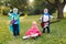 Preschool Caucasian children playing superheroes