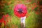Preschool child in a poppy field with red ladybird umbrella, springtime
